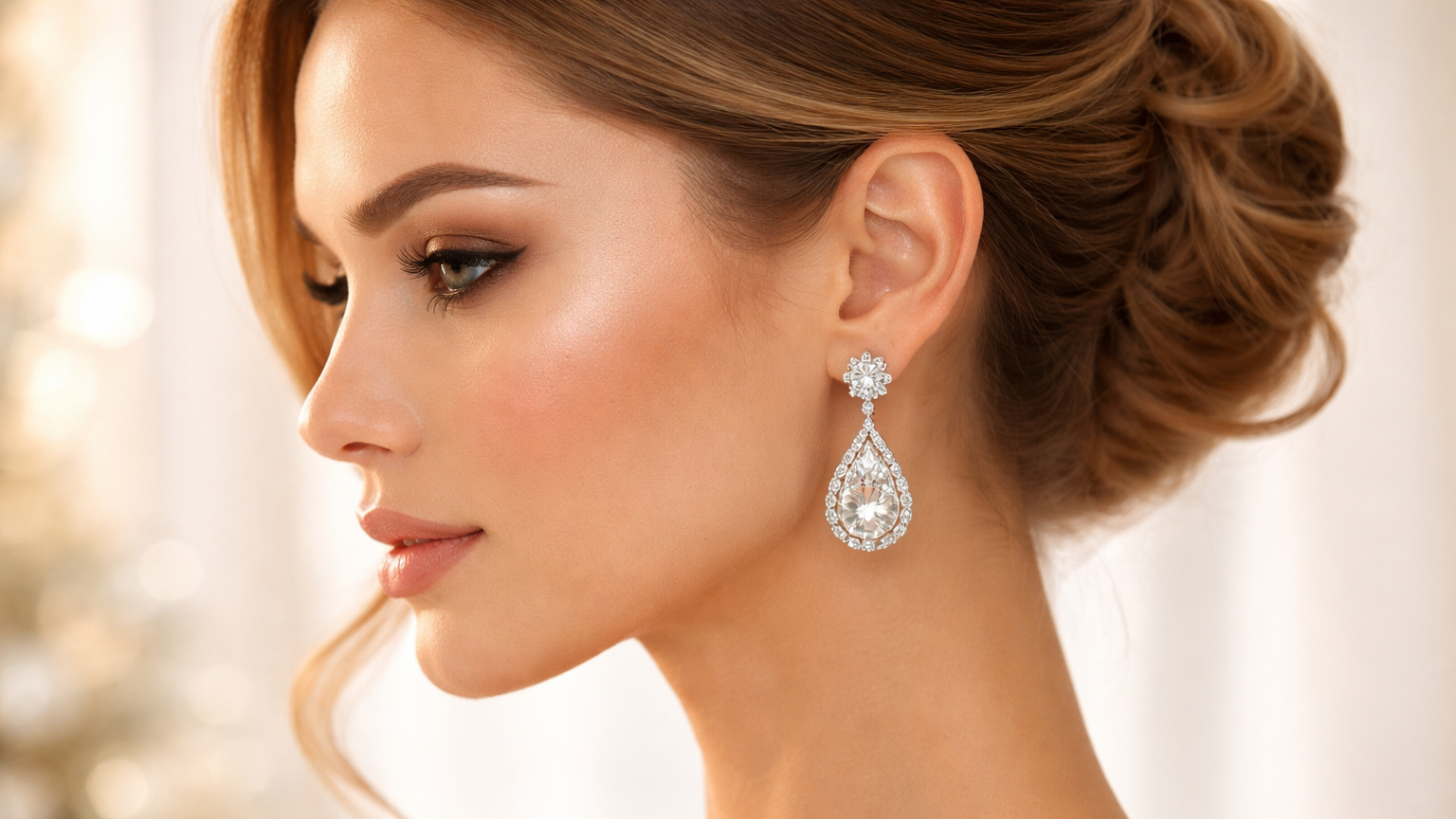 Close-up of a woman wearing elegant teardrop earrings with a blurred background